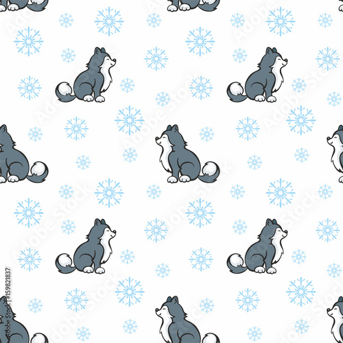 Children's seamless pattern in cartoon style with cute husky dogs. Vector background.