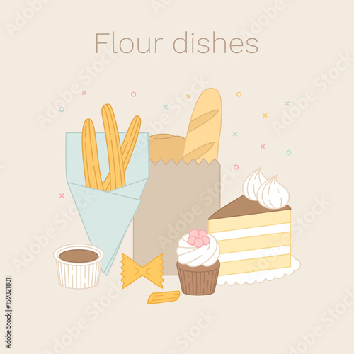 Vector set of flour dishes. Flour goods