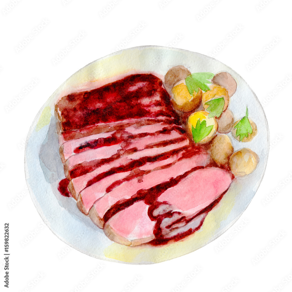 The roast beef with potatoes on dish, watercolor illustration in hand-drawn style isolated on white background. The roast beef with potatoes on dish, watercolor illustration in hand-drawn style isolated on white background.