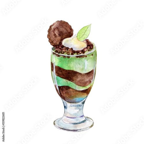 Photos Saint Patricks day mint and chocolate sweet shot-glass desert, watercolor illustration in hand-drawn style isolated on white background