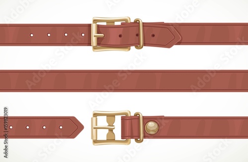 Brown thin leather belt buttoned, unbuttoned and seamless middle part isolated on white background