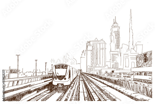 Hand drawn sketch of Dubai Metro in vector illustration