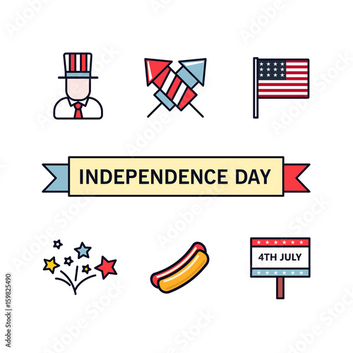 4th July. Patriotic icons. Independence Day of America. Vector icons set. Collection of flat design elements isolated on white background. National celebration, BBQ, Uncle Sam, hat, fireworks, flag.