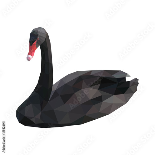 Isolated black swan composed of triangles on white background. Colored polygonal geometric hooper.