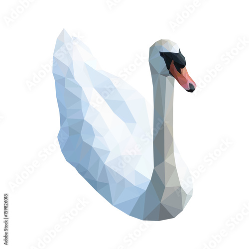 Isolated white swan composed of triangles on white background. Colored polygonal geometric hooper.