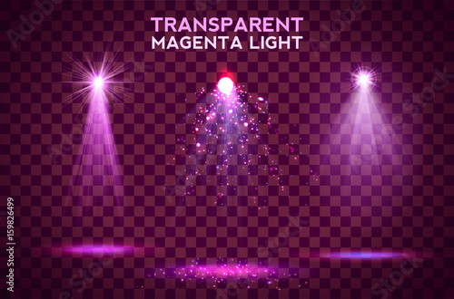 Transparent magenta lighy effects on a dark background. Spotlights, flare, explosion and stars.