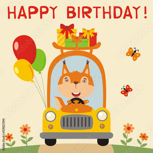 Happy birthday! Funny squirrel rides in car with birthday gifts and balloons. Birthday card with squirrel in cartoon style.