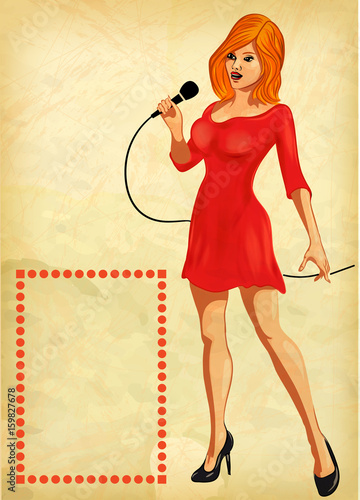 Vintage poster with retro woman singer. Red dress on woman. Retro microphone. Jazz, soul and blues live music concert poster.