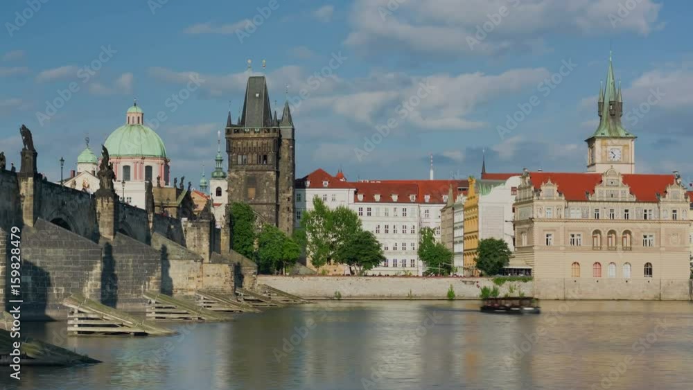 Zoom in timelapse of Prague and Vltava river in a spring morning Zoom in timelapse of Prague and Vltava river in a spring morning