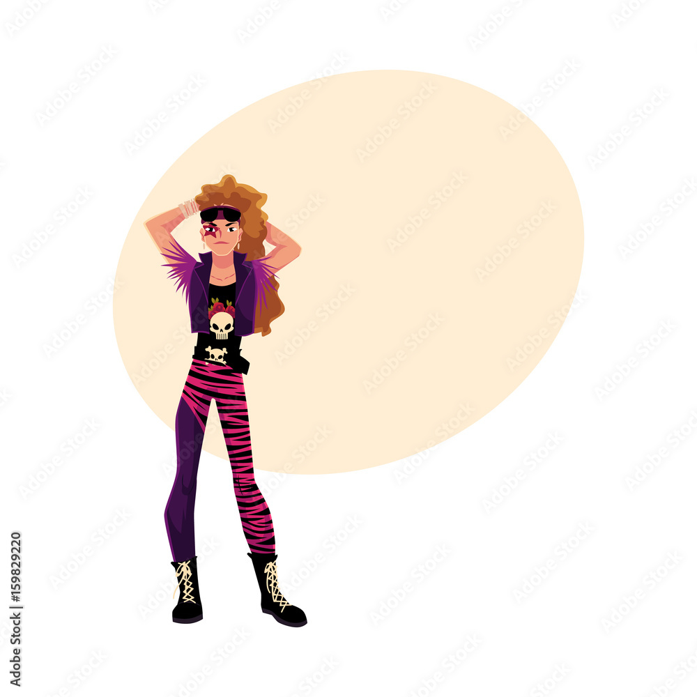 Young man dressed as glam rock star, wearing leggings, skull tshirt, vest and boots, cartoon vector illustration with space for text. Full length portrait of glam rock style young man Young man dressed as glam rock star, wearing leggings, skull tshirt, vest and boots, cartoon vector illustration with space for text. Full length portrait of glam rock style young man