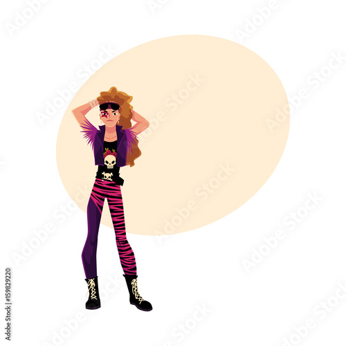 Young man dressed as glam rock star, wearing leggings, skull tshirt, vest and boots, cartoon vector illustration with space for text. Full length portrait of glam rock style young man