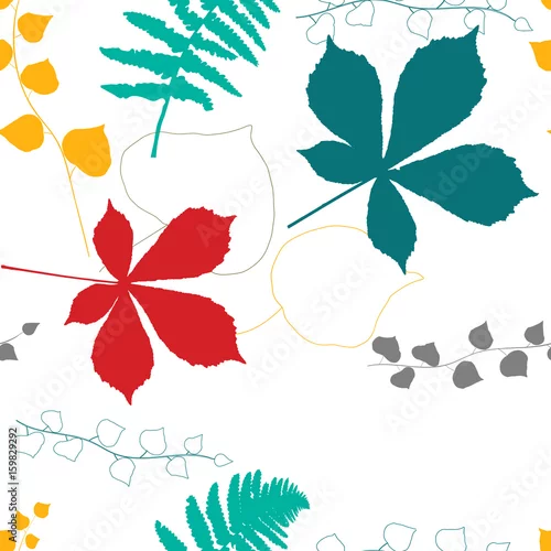 Tapety Wektor kwiatowy wzór z drzewa kasztanowca, bluszczu i liści paproci kontury.