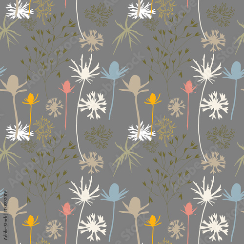 Floral vector seamless pattern with cornflowers, thistles and grasses.