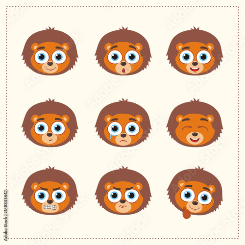 Set funny face lion different emotion. Collection emoticons of cartoon lion isolated.