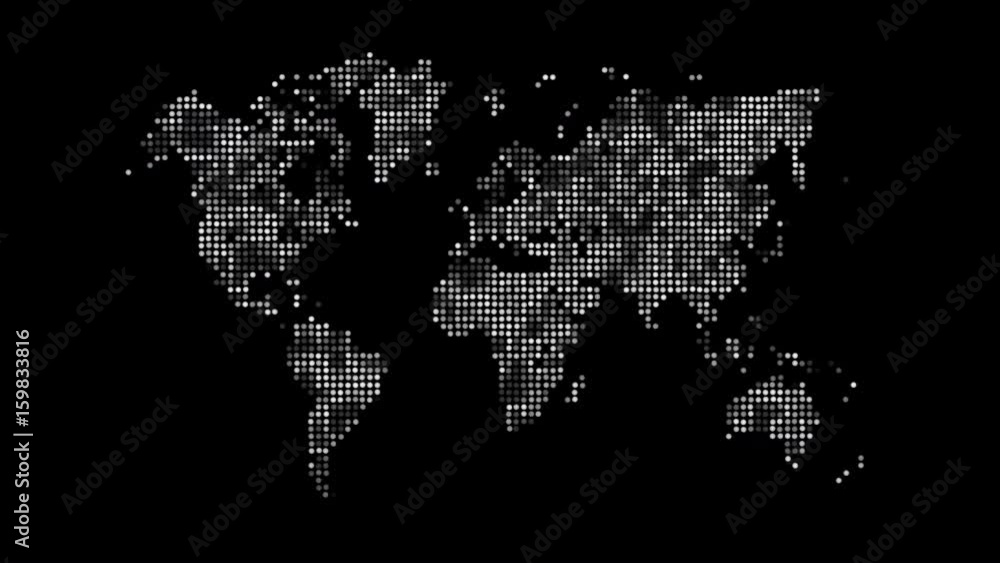 Loopable: Black and white world map made of shiny dots. Loopable: Black and white world map made of shiny dots.