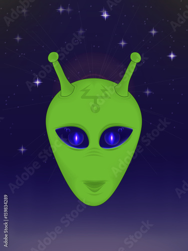 vector illustration of a green alien head with horns on the background of the starry sky. poster, banner, ticket, print, t-shirt design