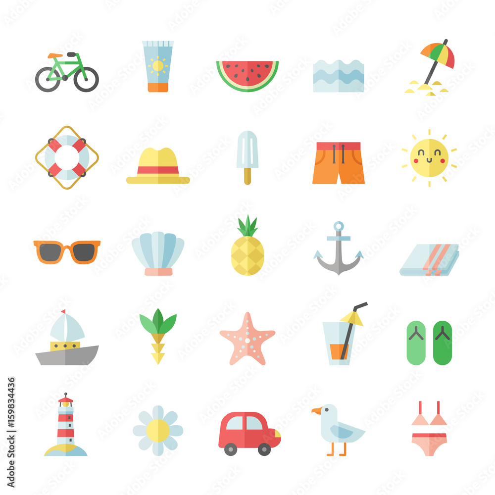Summer and beach flat icon vector set.