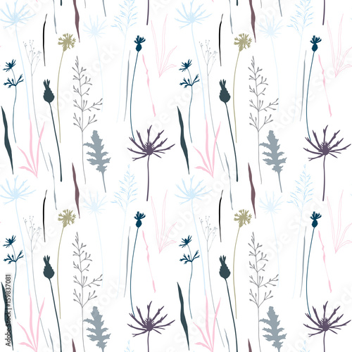 Vector floral seamless pattern with wild meadow flowers, herbs and grasses.