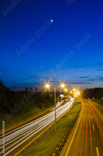 View on a highway at blue hour, long exposure photography