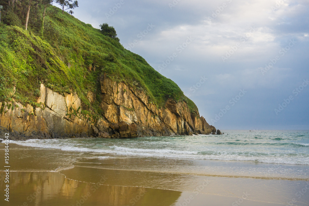 Amazing landscape with ocean, cliffs, beach, greens and flowers in summer day; wallpaper of the Bay of Biscay, Cantabrian Sea Amazing landscape with ocean, cliffs, beach, greens and flowers in summer day; wallpaper of the Bay of Biscay, Cantabrian Sea