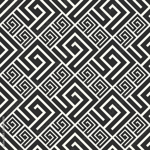 Seamless pattern in greek style. Black and white tilework. Geometric tiles with meander ornament. Monochrome Greece background.