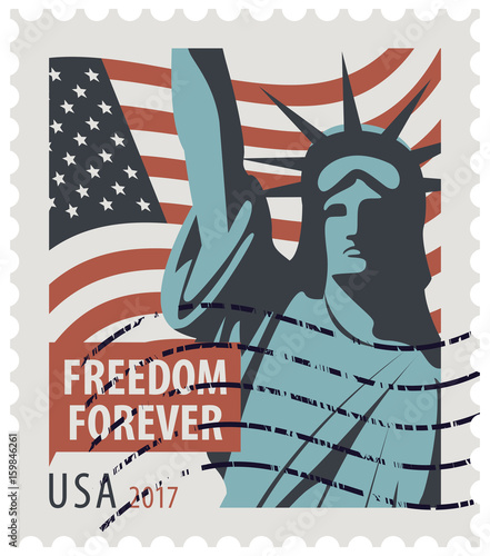 Postage stamp with New York Statue of Liberty, the flag of United States of America and the word freedom forever. Vector illustration of USA stamp with a rubber stamp.