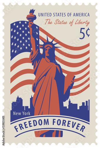 Postage stamp with statue of Liberty in background of american flag and New York skyscrapers and the word freedom forever. Vector illustration of a 5-cent USA stamp.