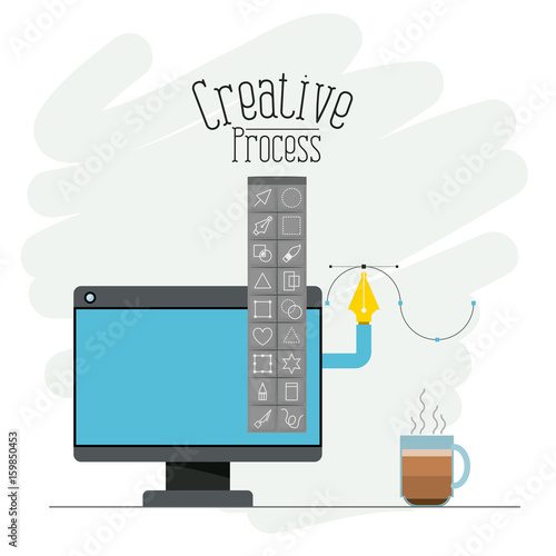 colorful background display computer and fountain pen with tool box creative process vector illustration