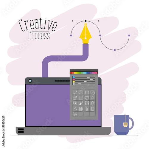 colorful background laptop computer and fountain pen with color palette tool box creative process vector illustration