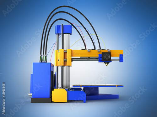 Fotografija 3d the printer on the right. 3D render on blue background