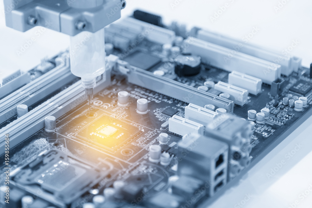 The CPU chip on computer main board.Hi-technology concept. The CPU chip on computer main board.Hi-technology concept.