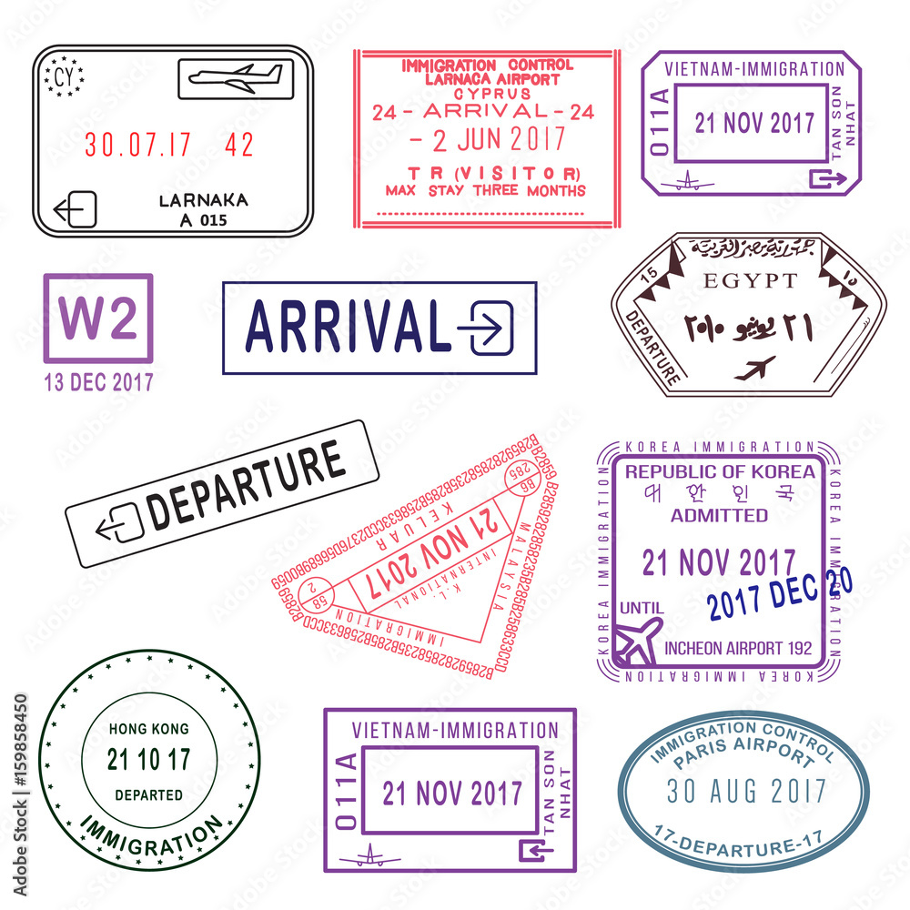 Big set of International travel visa stamps isolated on white. Tourism sign, arrival document, airport stamp.