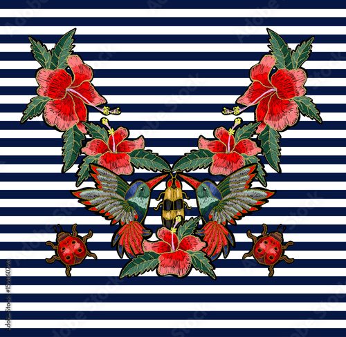 Embroidery hummingbird and hibiscus flowers. Vector illustration with colibri bird and flowers.