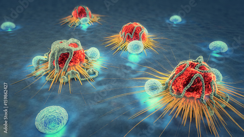 Foto 3d illustration of cancer cells and lymphocytes