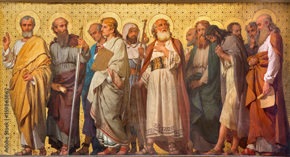 Obraz premium TURYN WŁOCHY, MARZEC, - 15, 2017: Symboliczny fresk Dwanaście apostołów w kościelnym kościół San Dalmazzo Enrico Reffo (1914).