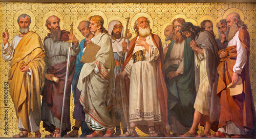 Photo TURIN, ITALY - MARCH 15, 2017: The symbolic fresco of Twelve apostles  in church Chiesa di San Dalmazzo by Enrico Reffo (1914)