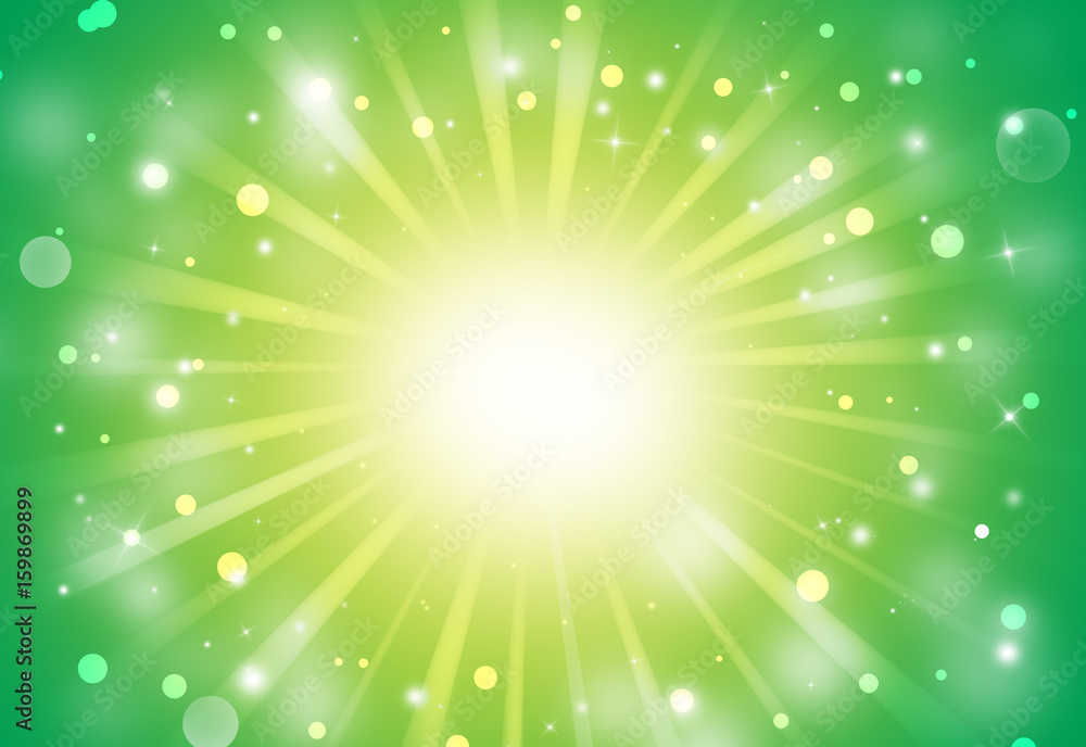 Obraz premium Green and Yellow glitter sparkles rays lights bokeh Festive Elegant abstract background.