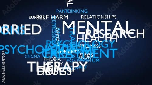 Mental health word tag cloud. 3D rendering, loop able, blue variant. UHD