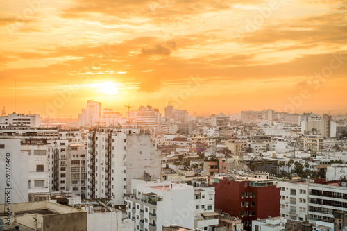 Golden sunrise over the cityscape of Casablanca, Morocco, Africa.