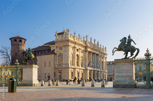 TURIN, ITALY - MARCH 14, 2017: The square Piazza Castello with the Palazzo Madama and Palazzo Reale.