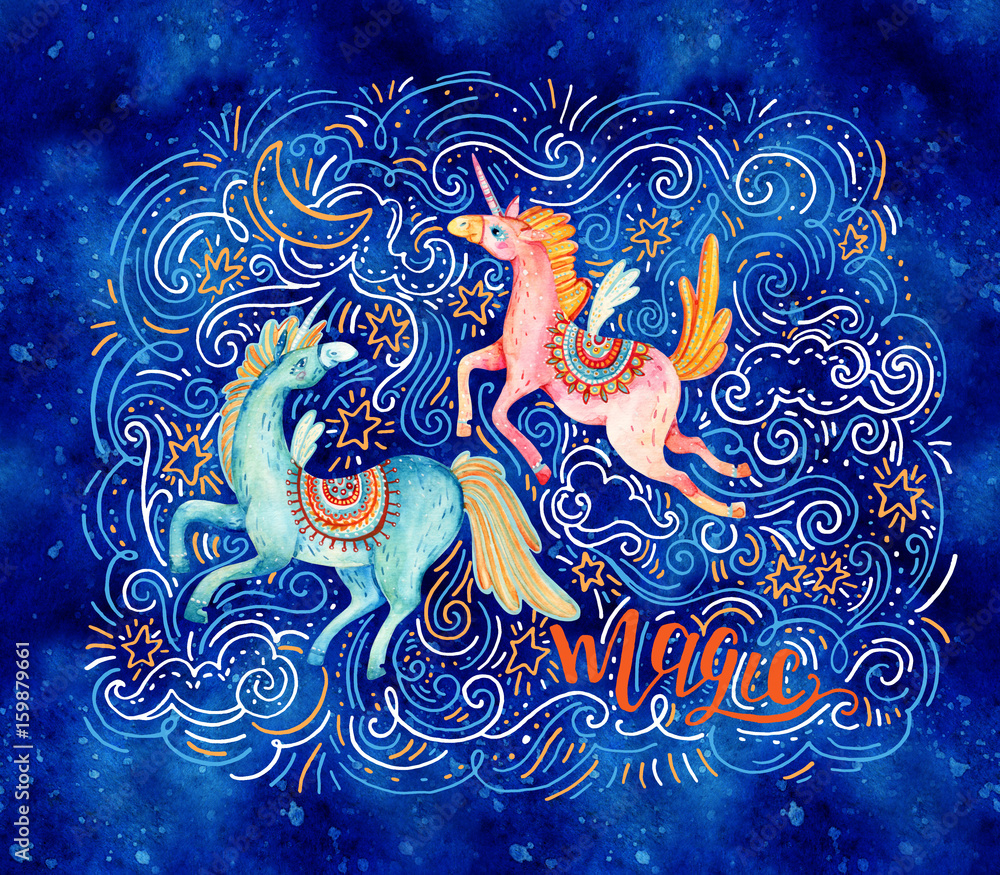 Obraz premium Lovely unicorn in cartoon style. Magic, lettering.