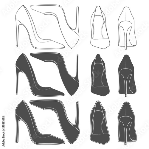 Set of images of female shoes on the heel. Isolated vector objects on white background.