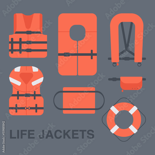 Life jackets types vector flat icons set