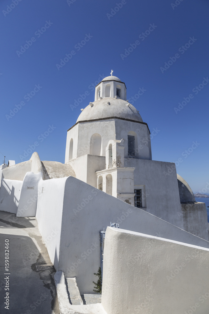 Agios Minas church in Fira town on Santorini in sunny day, Greece