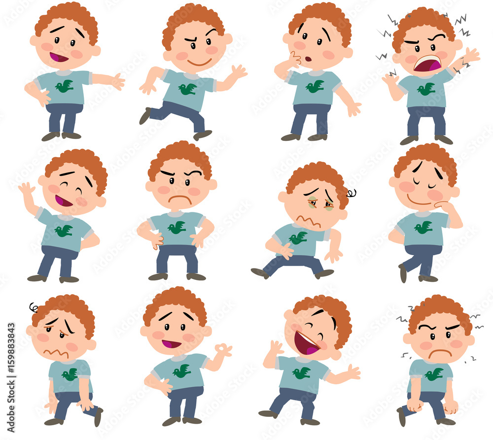 Set of cartoon character boy in different postures, attitudes and poses, doing different activities in isolated vector illustrations.