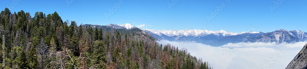 Panoramic view over the mountain landscape and over the clouds - Moro Rock, Sequoia National Park, California, USA