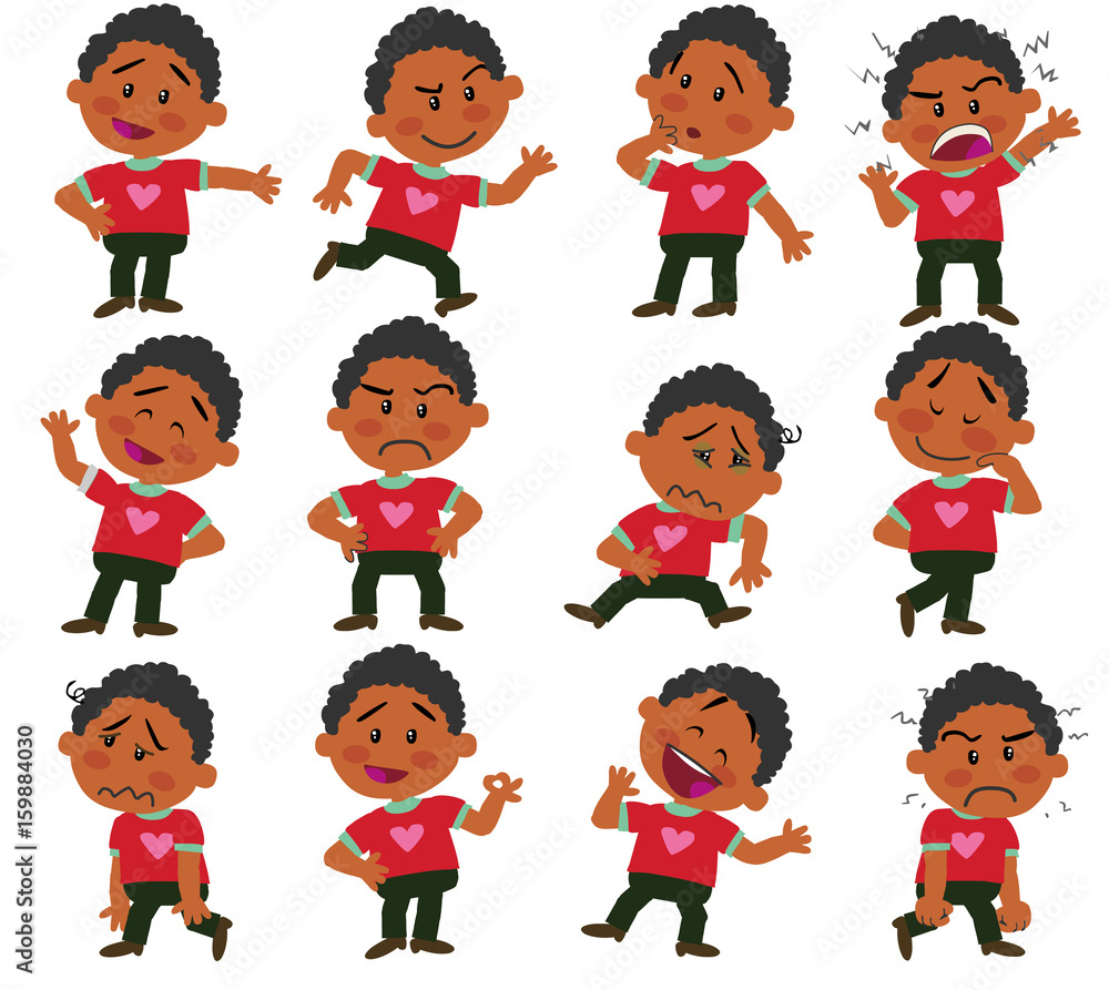 Set of cartoon character black boy in different postures, attitudes and  poses, doing different activities in isolated vector illustrations. Stock  Vector | Adobe Stock