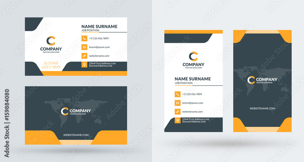 Double-sided creative business card template. Portrait and landscape orientation. Horizontal and vertical layout. Vector illustration Double-sided creative business card template. Portrait and landscape orientation. Horizontal and vertical layout. Vector illustration