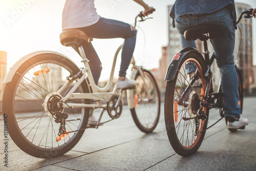 Romantic couple with bicycles in the city