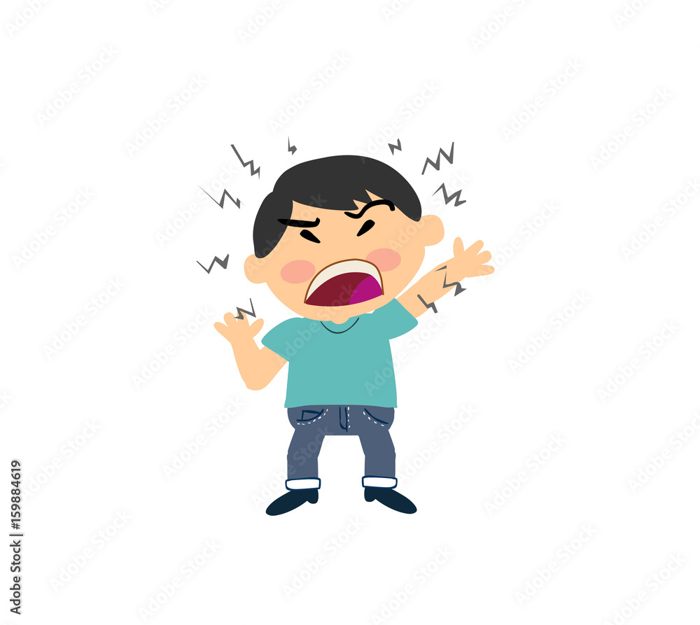 Cartoon asian character boy angry; isolated vector illustration.